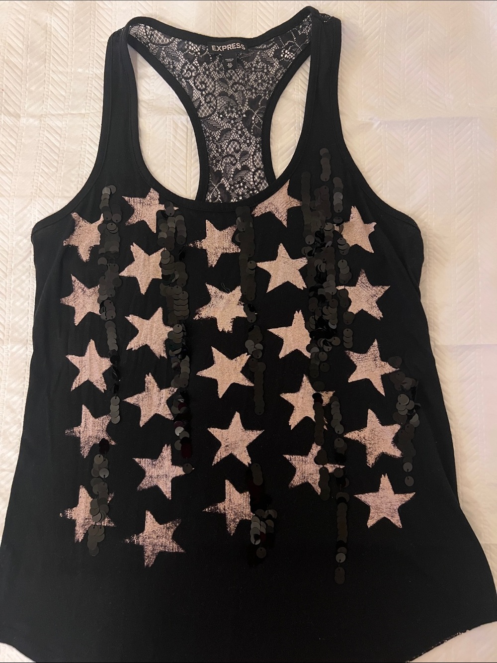 Express Black Racerback Tank with Metallic Beige Star Design